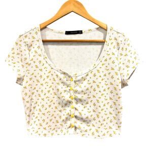 Hesperus Y2K Floral Crop Top White Yellow V-Neck Coquette Aesthetic Size Large